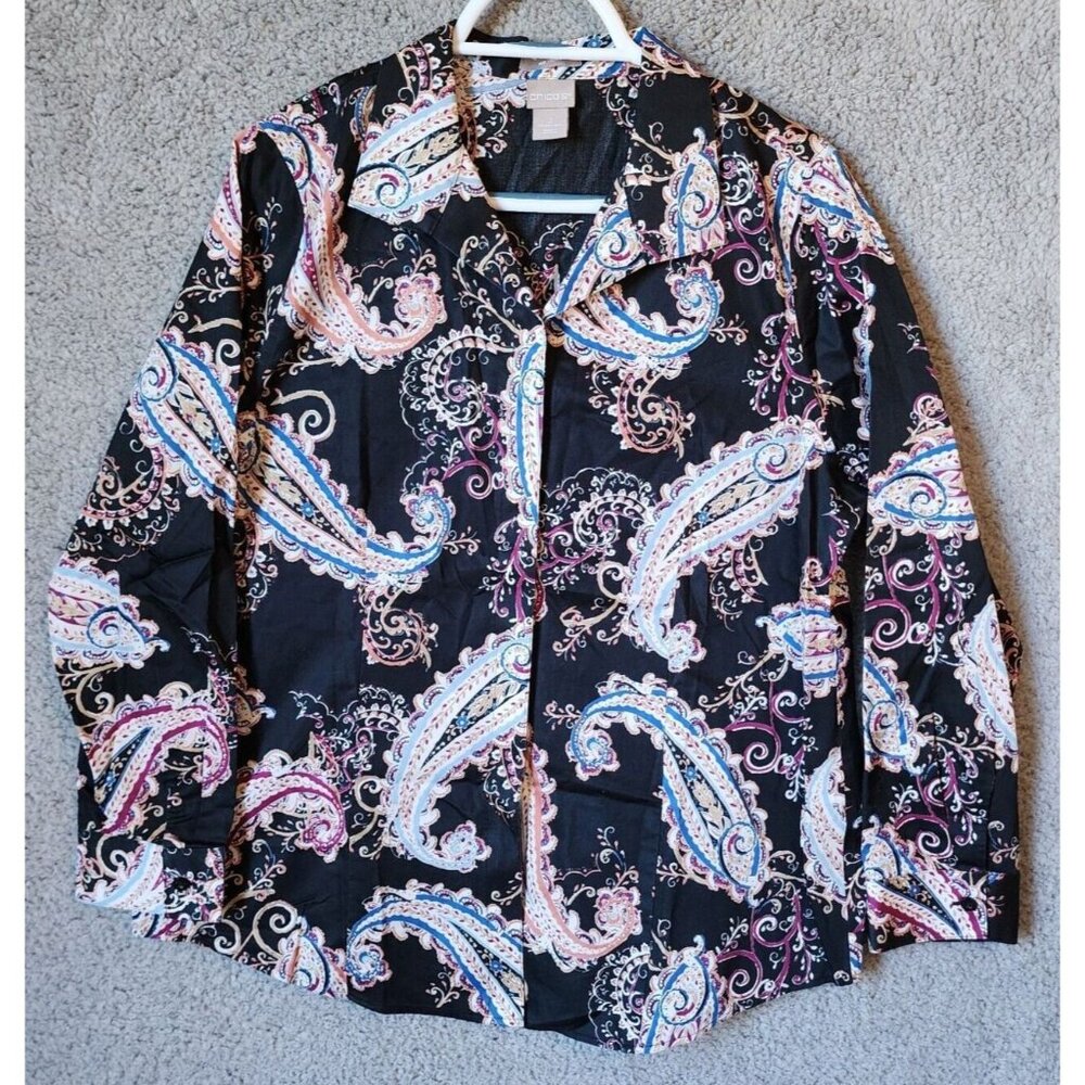 Chico's Women's No Iron Long Sleeve Button Up Blouse Top Paisley Size 2 (L)